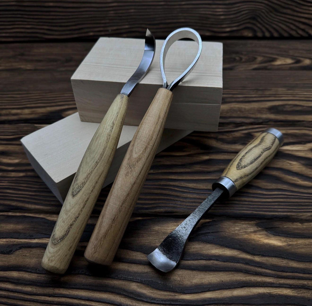 Hand-Forged Spoon Carving Set – 3-Piece Carbon Steel Tools with Ash Handles & Leather Roll