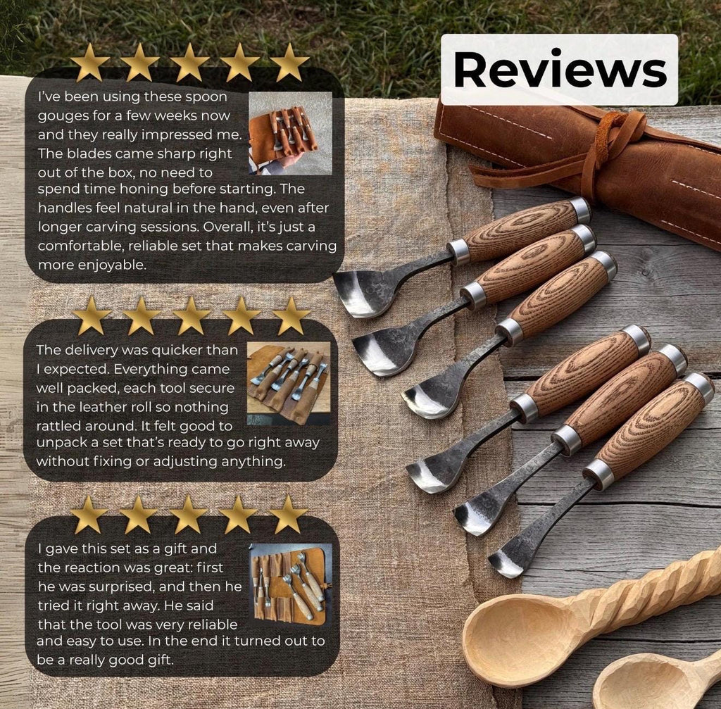Professional Woodworking Tool Hand-Forged Spoon Carving Gouge Set – 52100 Steel, Ash Handles