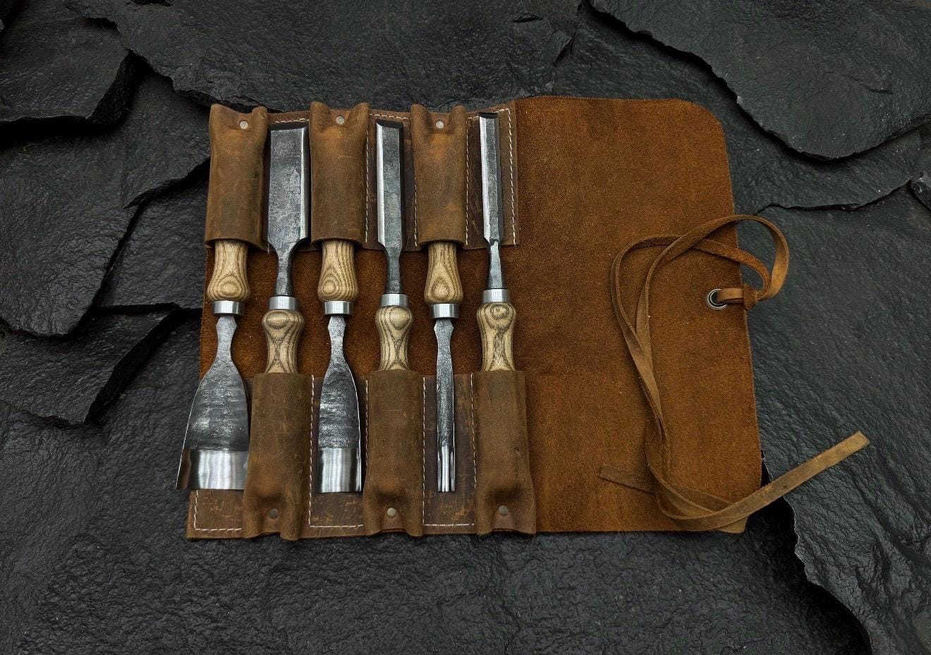 Hand-Forged 52100 Steel Chisel Set | Wood Carving Gouges & Leather Roll