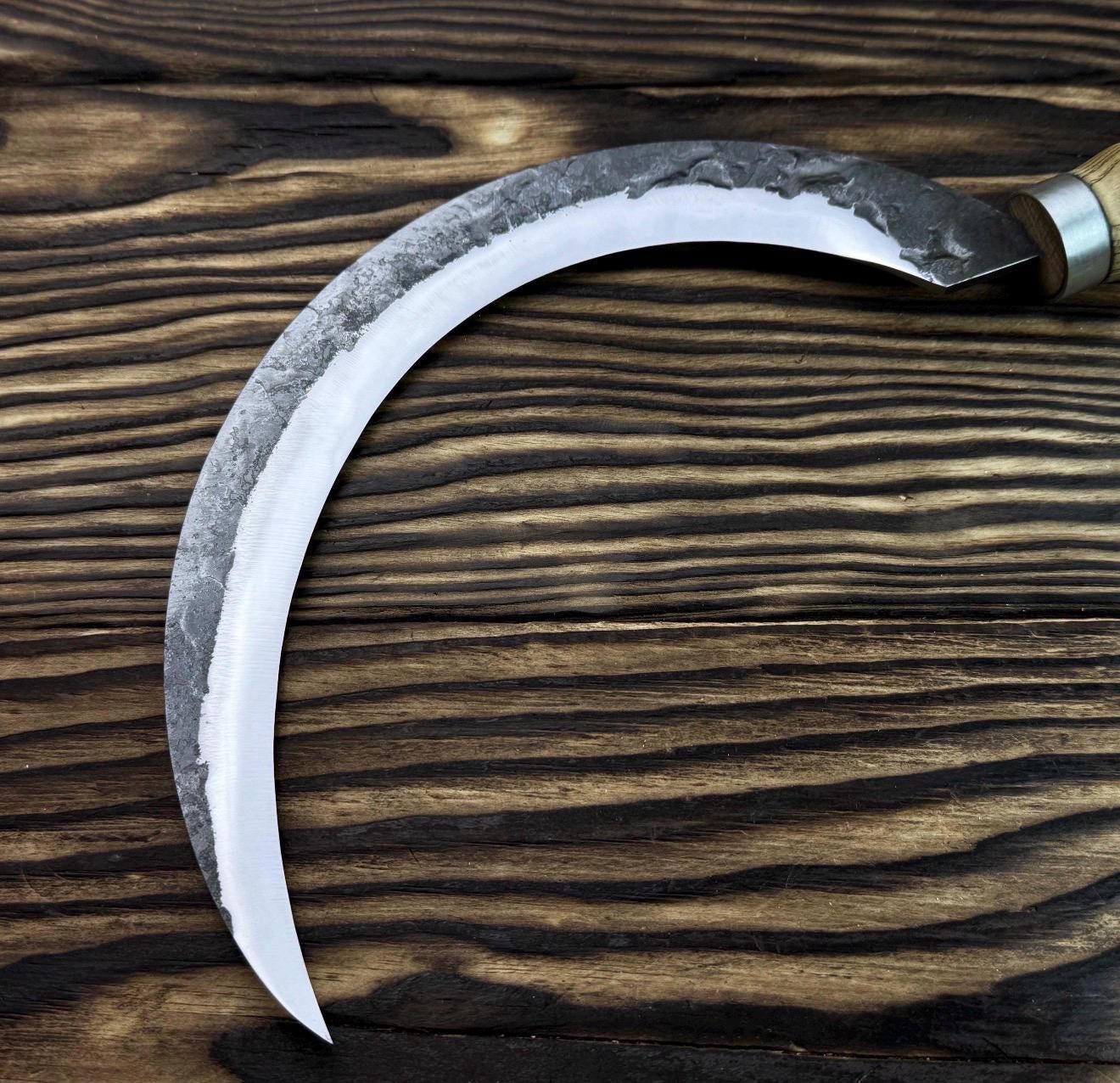 Hand-Forged Carbon Steel Sickle | Rustic Harvesting Knife with Leather Sheath