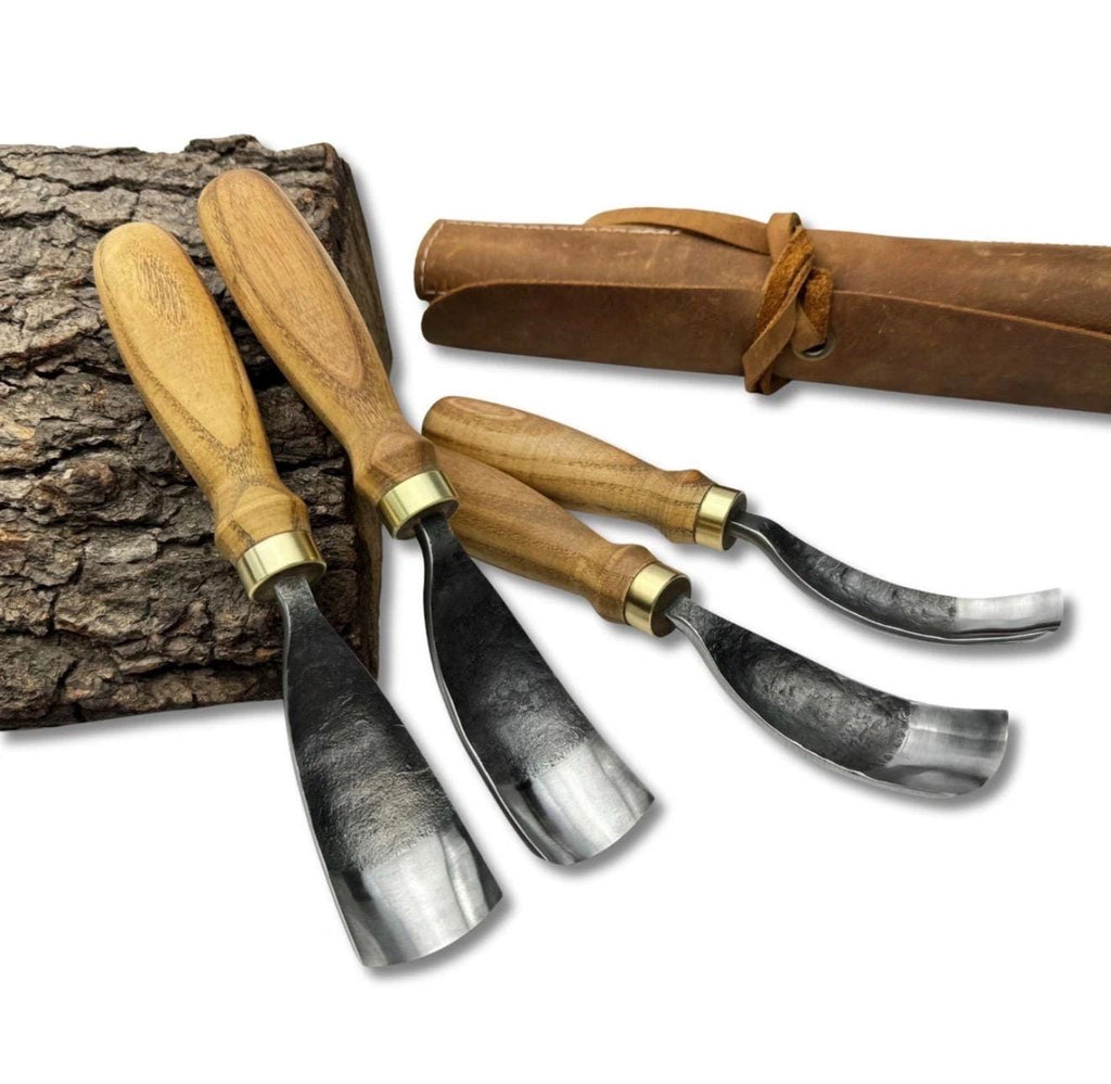 Hand Forged Spoon Carving Gouge Set: Woodworking Chisels with Leather Roll