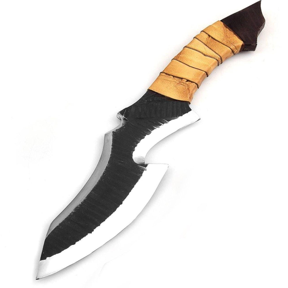 Hand-Forged Carbon Steel Bowie Knife: Brown Zigzag Handle, Leather Sheath