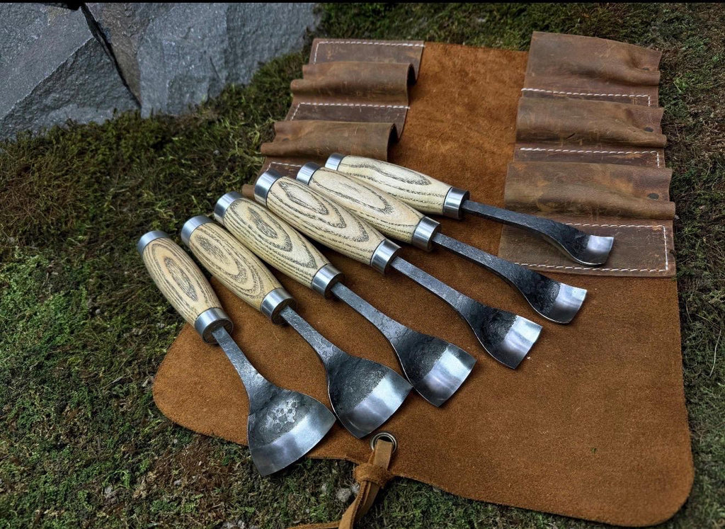 Hand-Forged Wood Carving Gouge Set | Whittling and Spoon Carving, Leather Roll