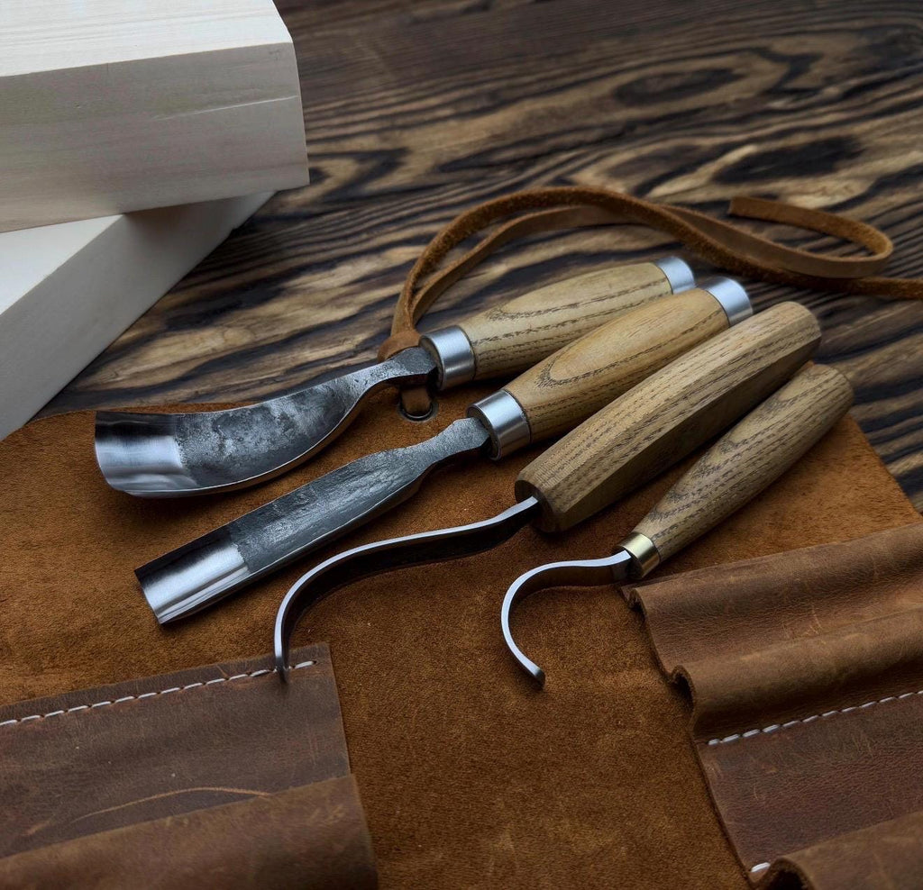 Hand-Forged Spoon Carving Set 4 Piece Carbon Steel Tools with Ash Handles & Leather Roll