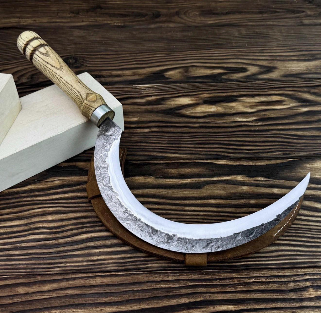 Hand-Forged Carbon Steel Sickle | Rustic Harvesting Knife with Leather Sheath