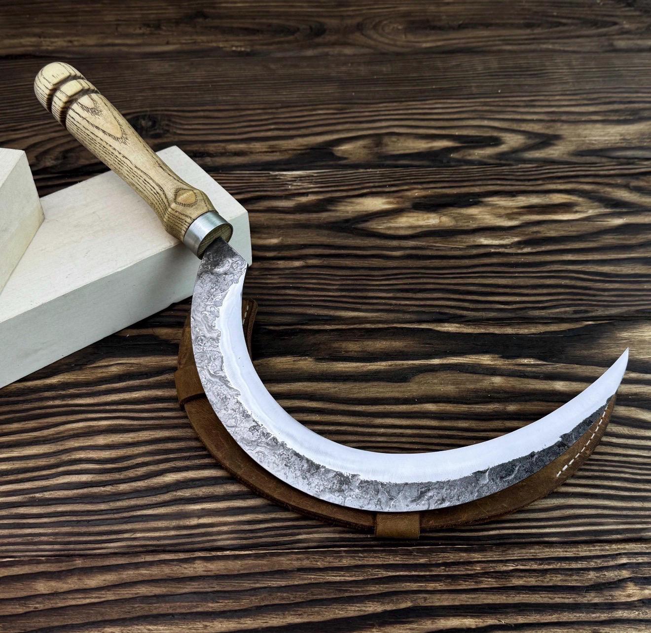 Hand-Forged Carbon Steel Sickle | Rustic Harvesting Knife with Leather Sheath