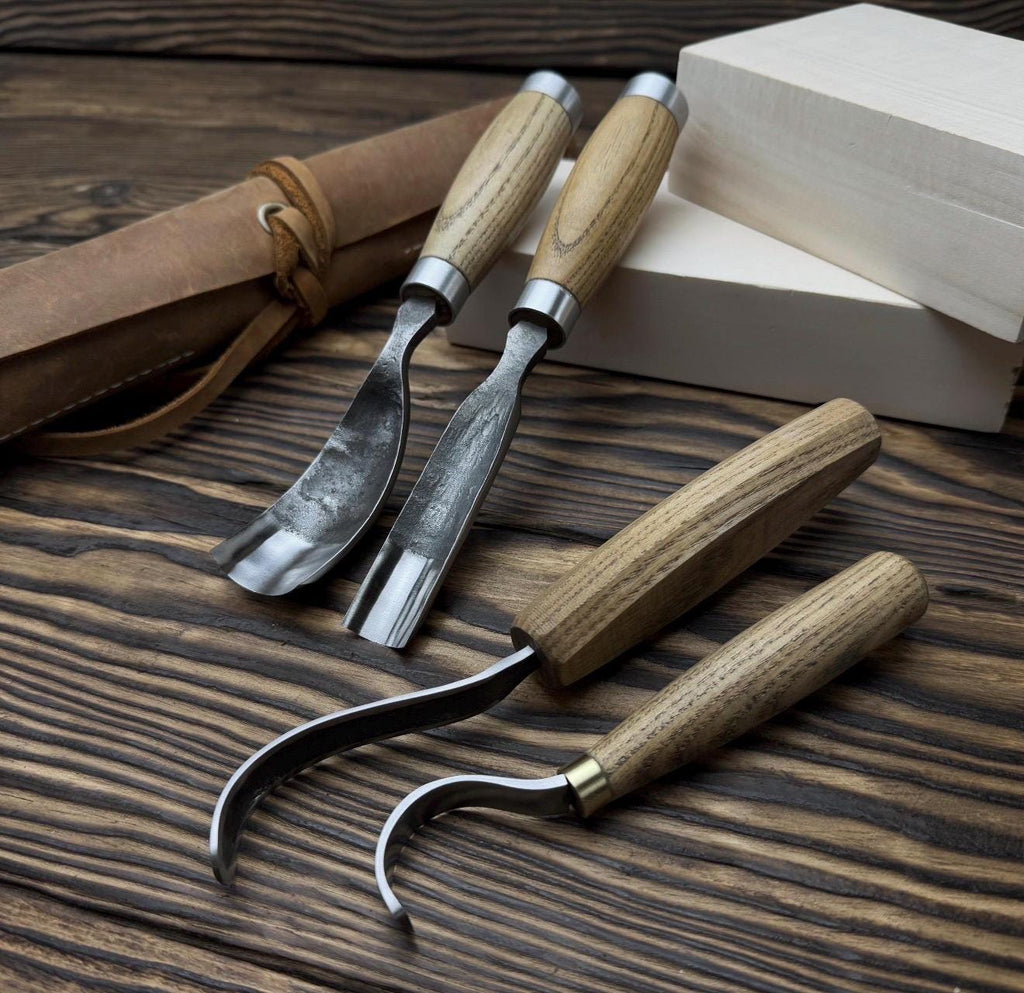 Hand-Forged Spoon Carving Set 4 Piece Carbon Steel Tools with Ash Handles & Leather Roll