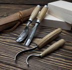 Hand-Forged Spoon Carving Set 4 Piece Carbon Steel Tools with Ash Handles & Leather Roll
