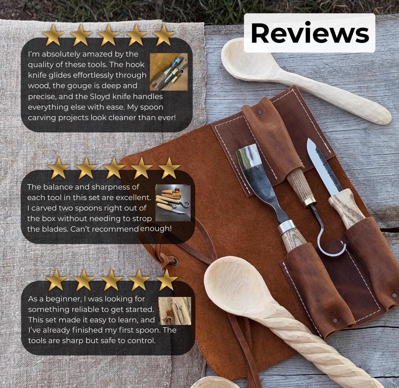 Hand-Forged Spoon Carving Knife Set: Carbon Steel, Ash Handles, Leather Sheath