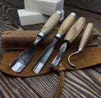 Hand-Forged Spoon Carving Set 4 Piece Carbon Steel Tools with Ash Handles & Leather Roll