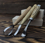 Hand-Forged Spoon Carving Set – 3-Piece Carbon Steel Tools with Ash Handles & Leather Roll