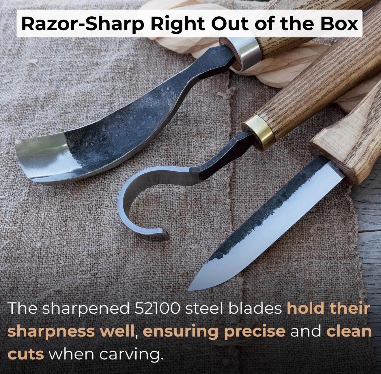 Hand-Forged Spoon Carving Knife Set: Carbon Steel, Ash Handles, Leather Sheath