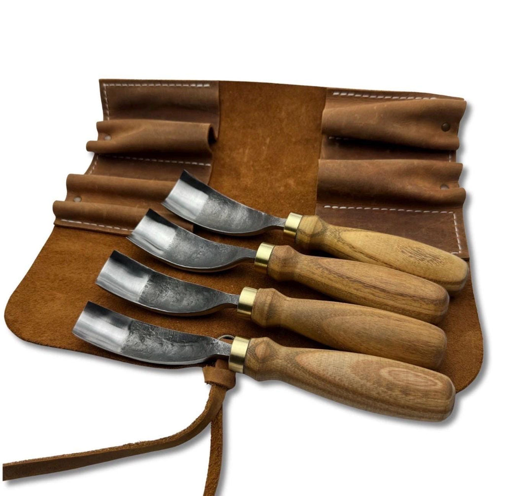 Hand Forged Spoon Carving Gouge Set: Woodworking Chisels with Leather Roll