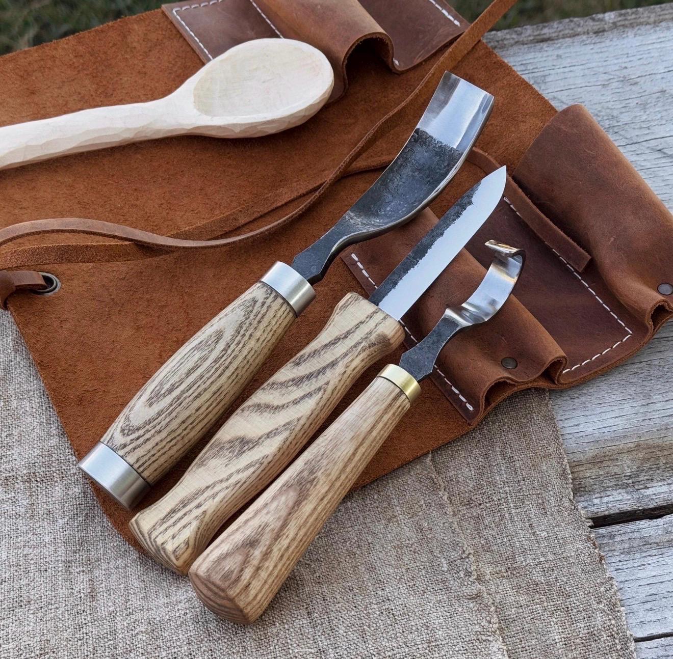 Hand-Forged Spoon Carving Knife Set: Carbon Steel, Ash Handles, Leather Sheath