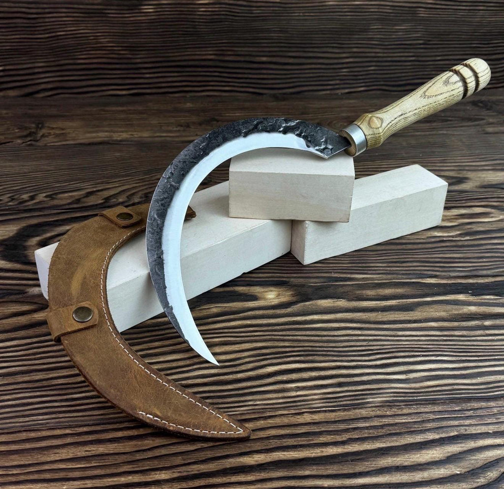 Hand-Forged Carbon Steel Sickle | Rustic Harvesting Knife with Leather Sheath