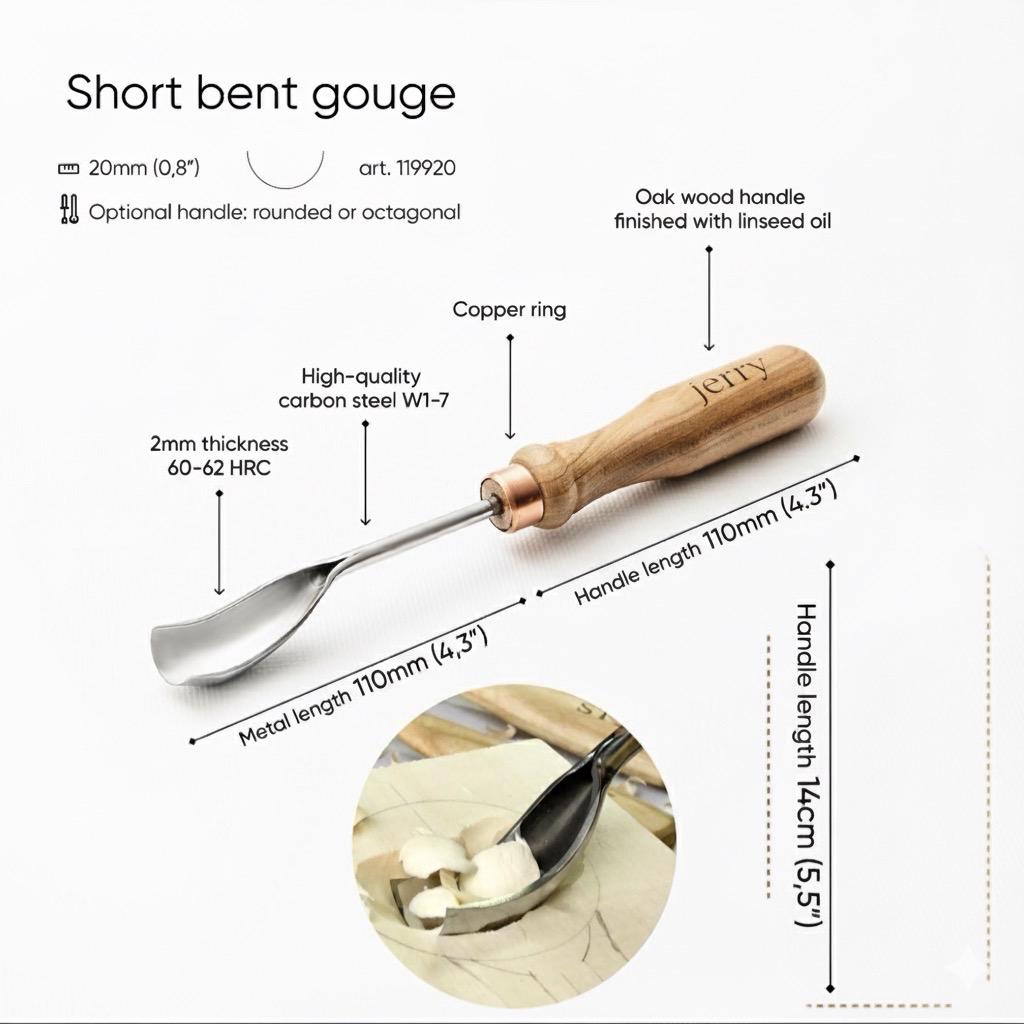 Hand Forged Spoon Carving Gouge: Short Bent Wood Chisel