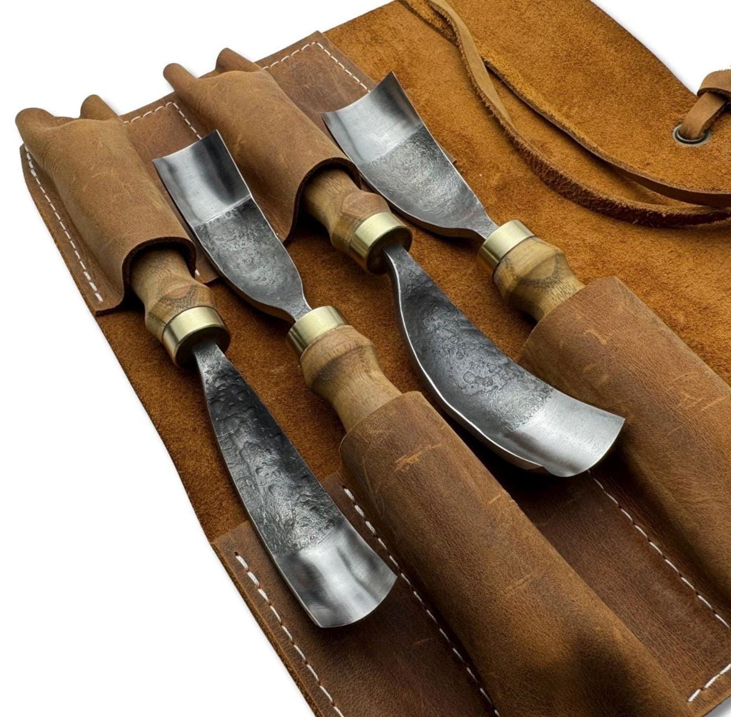 Hand Forged Spoon Carving Gouge Set: Woodworking Chisels with Leather Roll