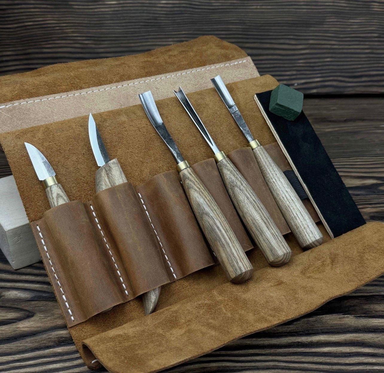 Wood Carving Tools Set with Leather Roll – 5 pcs Handmade Knives & Chisels