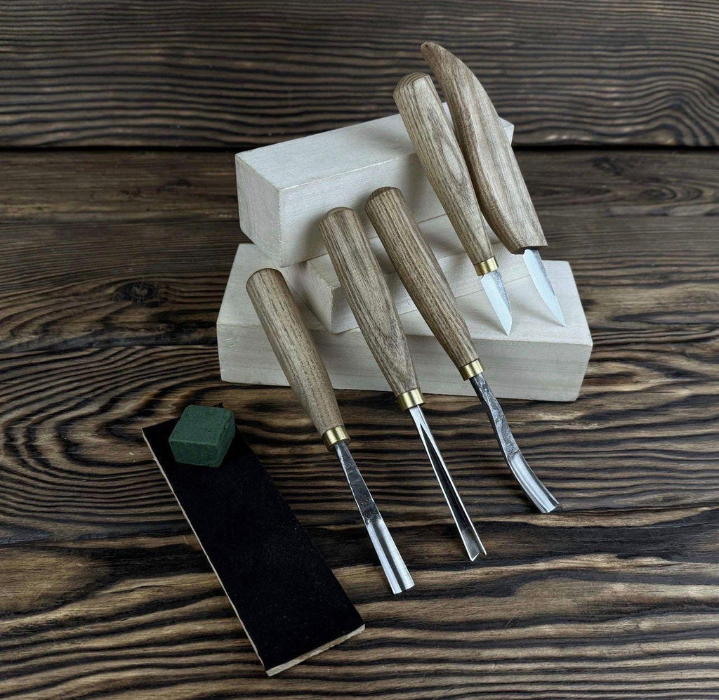 Wood Carving Tools Set with Leather Roll – 5 pcs Handmade Knives & Chisels