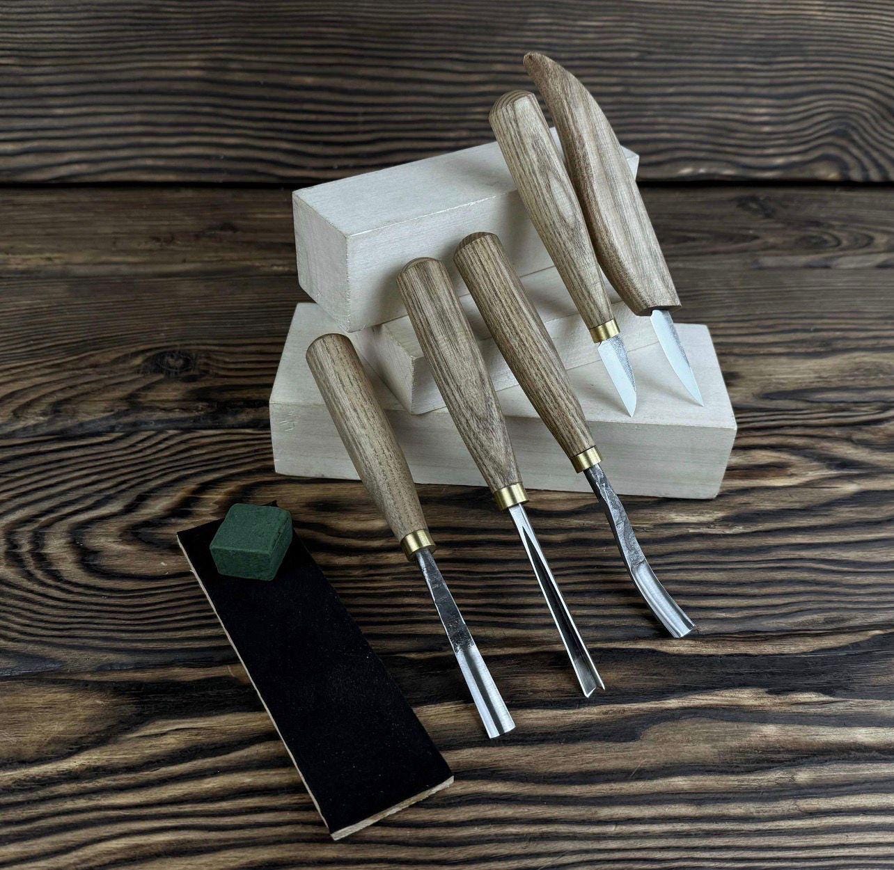 Wood Carving Tools Set with Leather Roll – 5 pcs Handmade Knives & Chisels