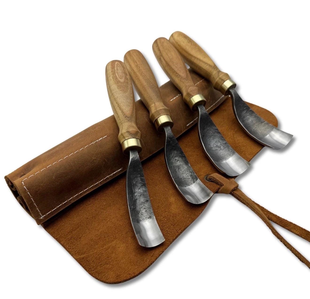 Hand Forged Spoon Carving Gouge Set: Woodworking Chisels with Leather Roll