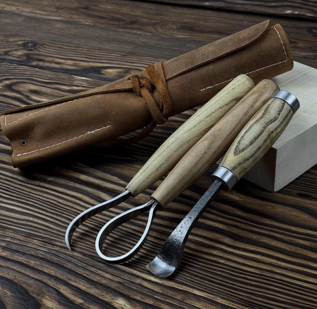 Hand-Forged Spoon Carving Set – 3-Piece Carbon Steel Tools with Ash Handles & Leather Roll