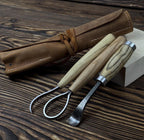 Hand-Forged Spoon Carving Set – 3-Piece Carbon Steel Tools with Ash Handles & Leather Roll