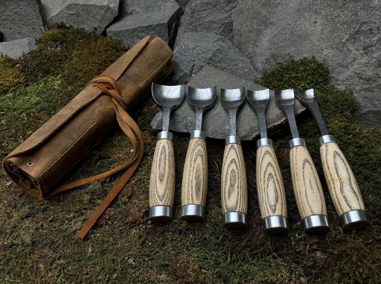 Hand-Forged Wood Carving Gouge Set | Whittling and Spoon Carving, Leather Roll