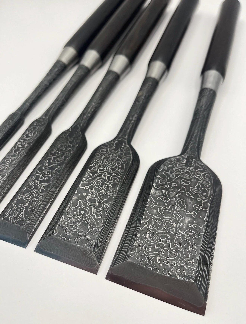 Tasai Mokume Damascus Paring Chisel Set 2” To 1/2” - Japanese Chisels - Unused