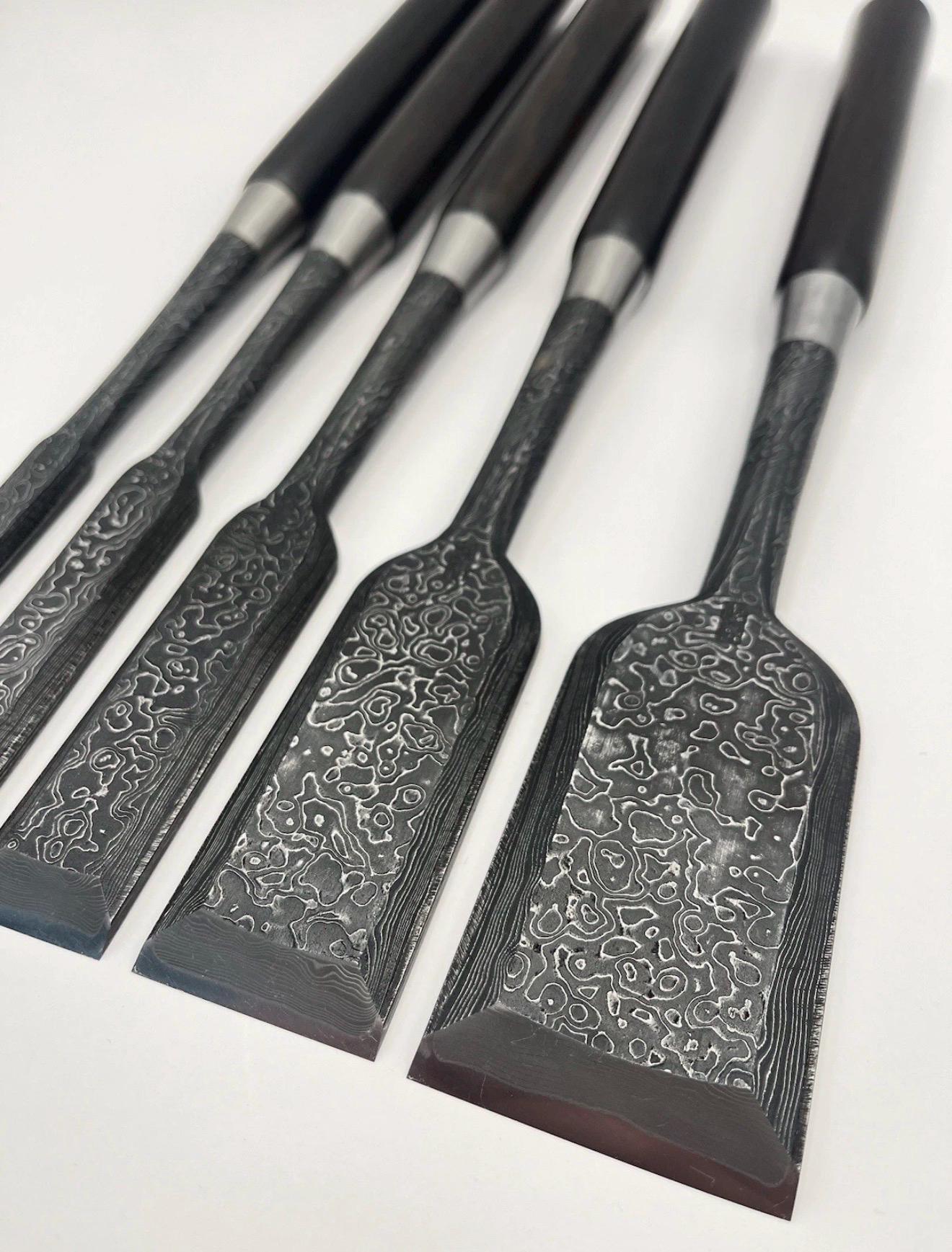 Tasai Mokume Damascus Paring Chisel Set 2” To 1/2” - Japanese Chisels - Unused