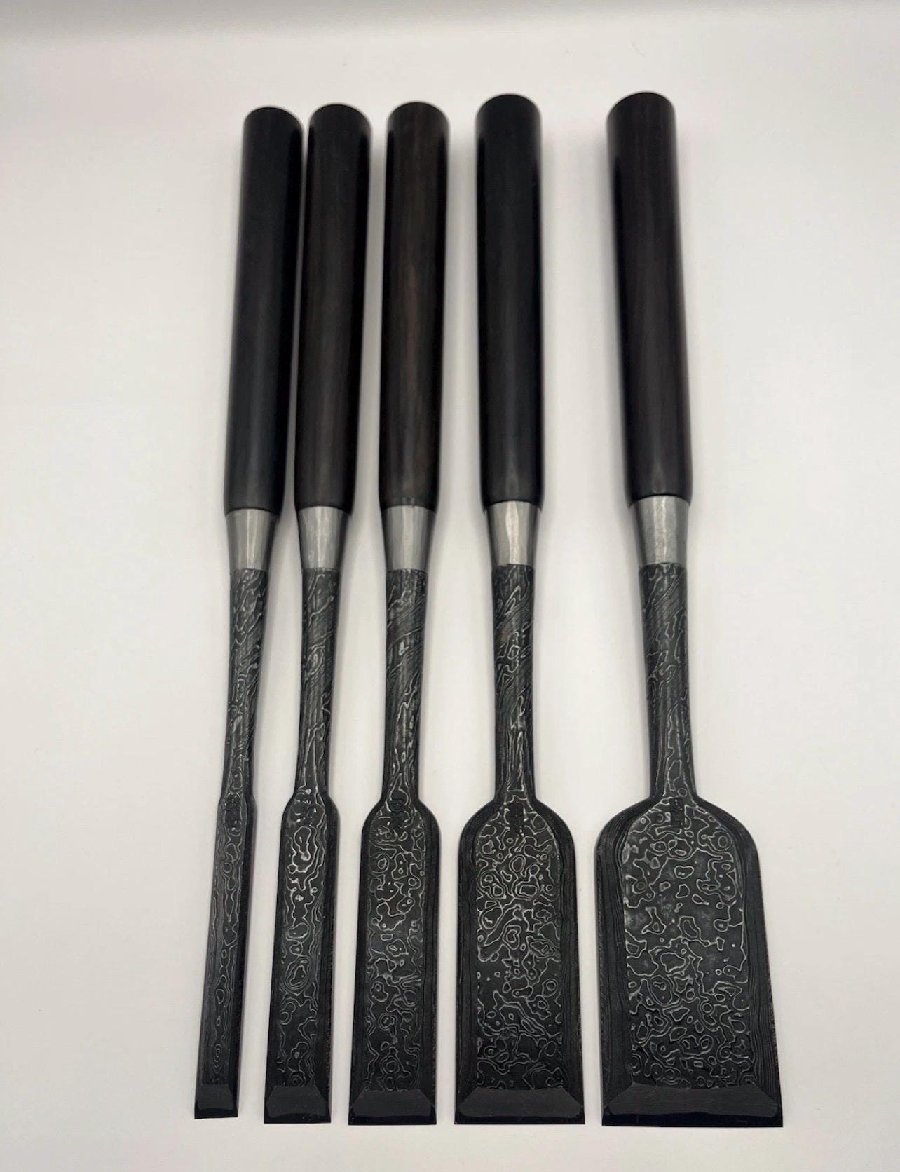 Tasai Mokume Damascus Paring Chisel Set 2” To 1/2” - Japanese Chisels - Unused
