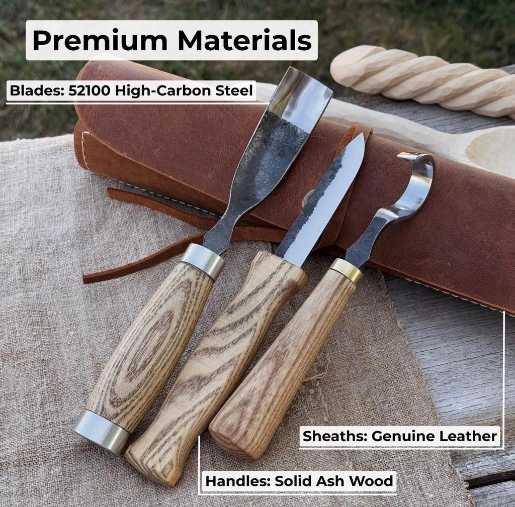 Hand-Forged Spoon Carving Knife Set: Carbon Steel, Ash Handles, Leather Sheath