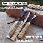 Hand-Forged Spoon Carving Knife Set: Carbon Steel, Ash Handles, Leather Sheath