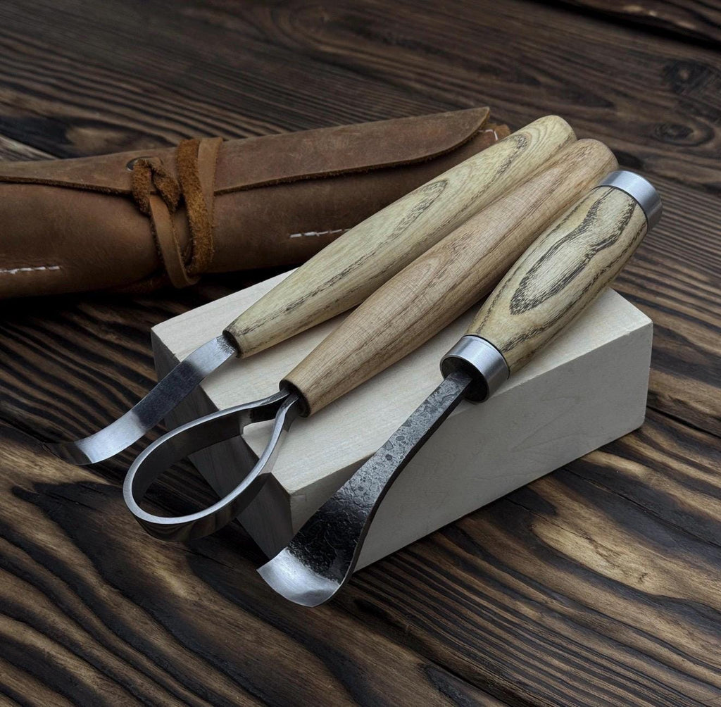 Hand-Forged Spoon Carving Set – 3-Piece Carbon Steel Tools with Ash Handles & Leather Roll