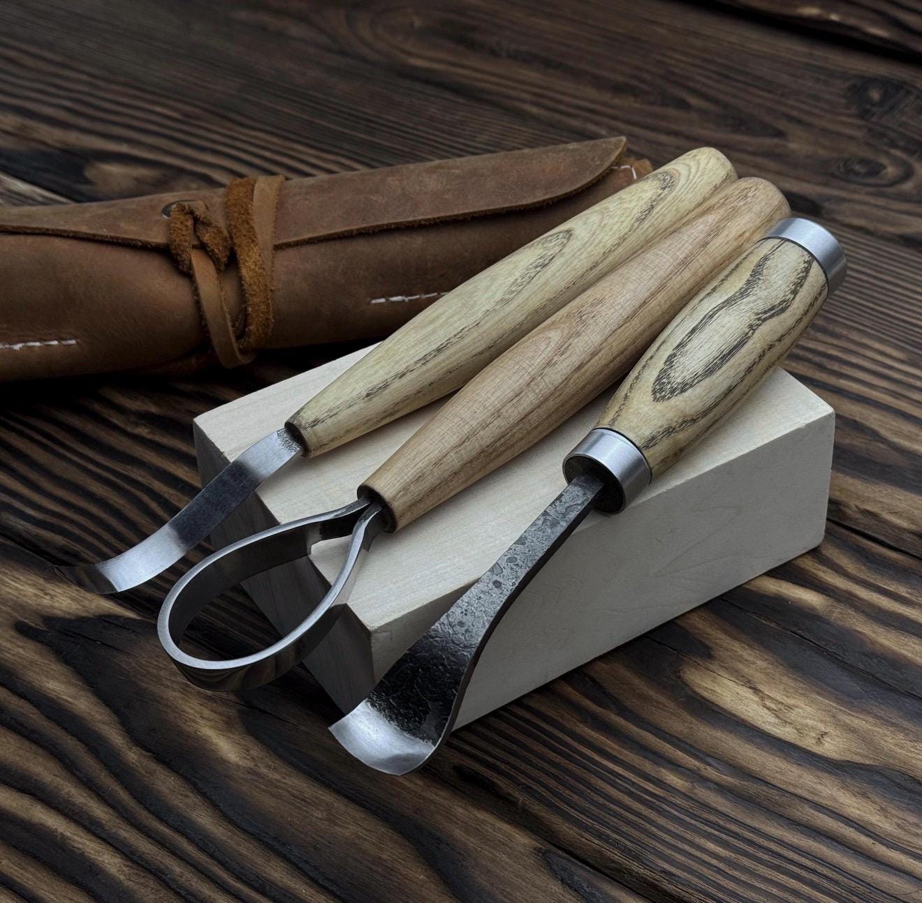 Hand-Forged Spoon Carving Set – 3-Piece Carbon Steel Tools with Ash Handles & Leather Roll