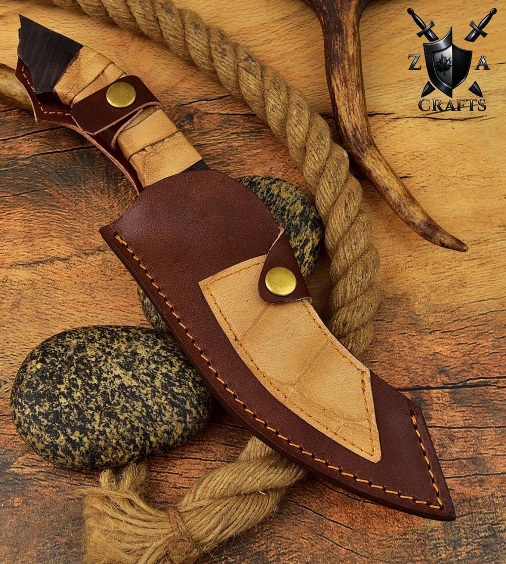 Hand-Forged Carbon Steel Bowie Knife: Brown Zigzag Handle, Leather Sheath