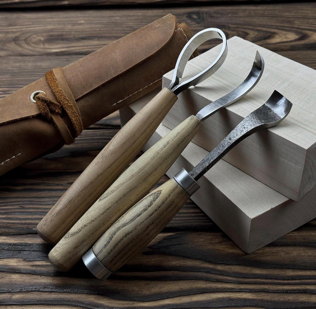 Hand-Forged Spoon Carving Set – 3-Piece Carbon Steel Tools with Ash Handles & Leather Roll