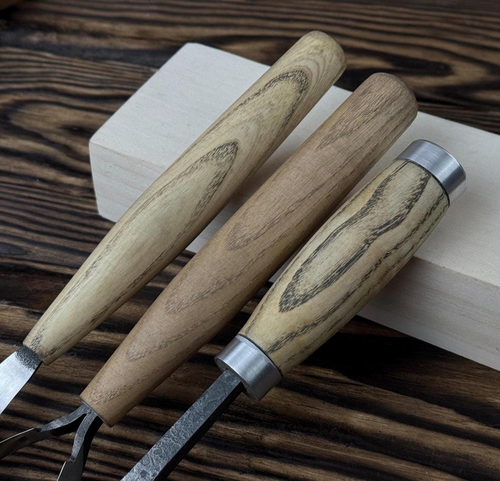 Hand-Forged Spoon Carving Set – 3-Piece Carbon Steel Tools with Ash Handles & Leather Roll