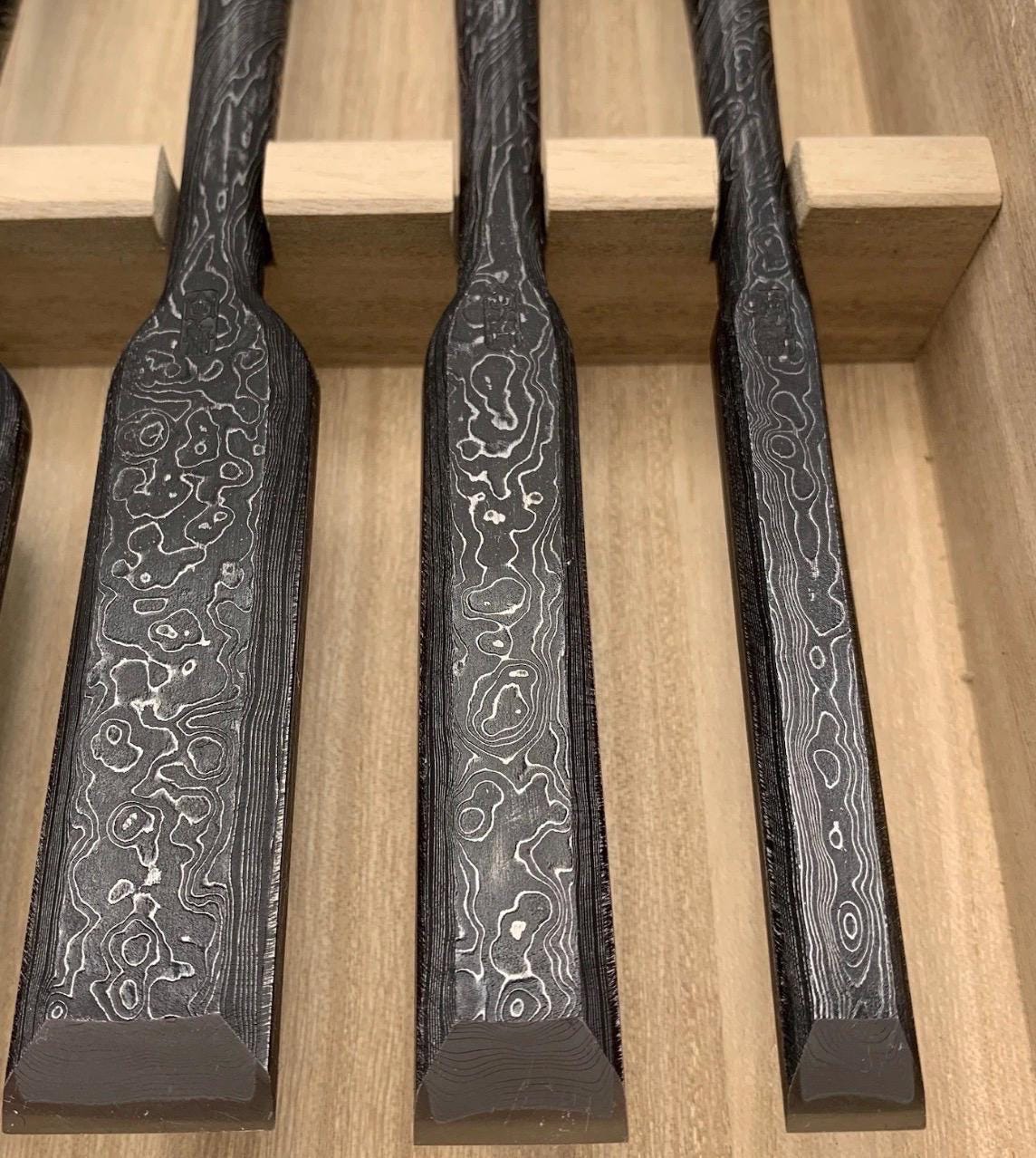 Tasai Mokume Damascus Paring Chisel Set 2” To 1/2” - Japanese Chisels - Unused