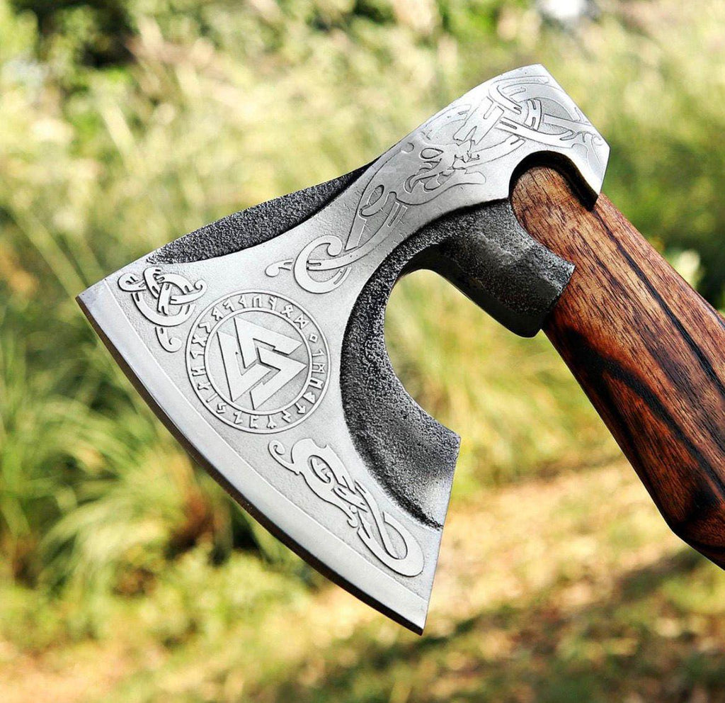 Hand-Forged Viking Bearded Axe: Carbon Steel Camping Hatchet with Leather Sheath