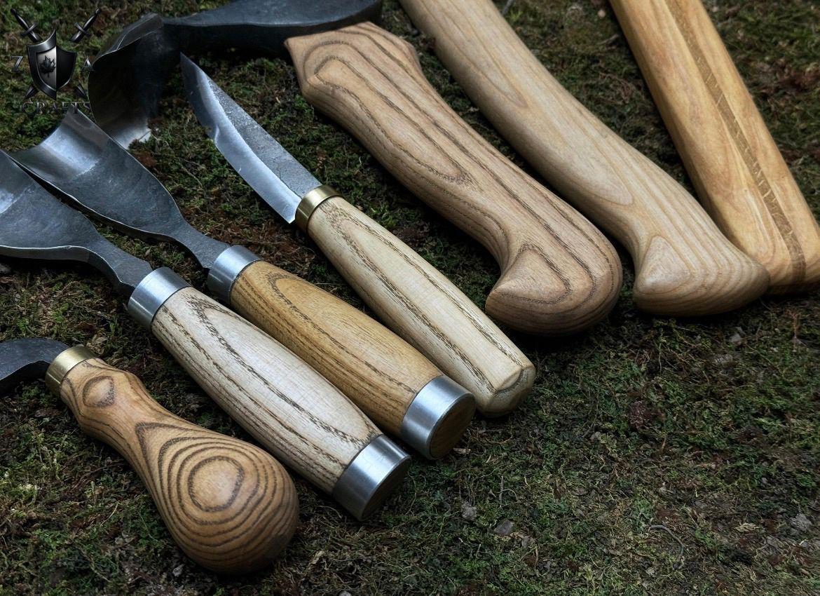 Hand-Forged Wood Carving Tool Set: High-Carbon Steel Blades & Leather Sheaths