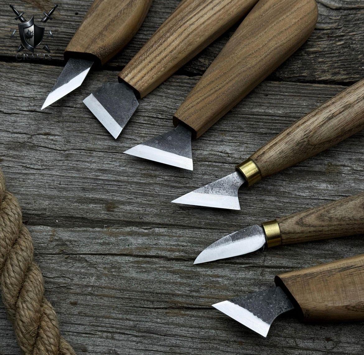 Wood Carving Tool Set: D2 Steel Blades, Ash Handles, Leather Roll