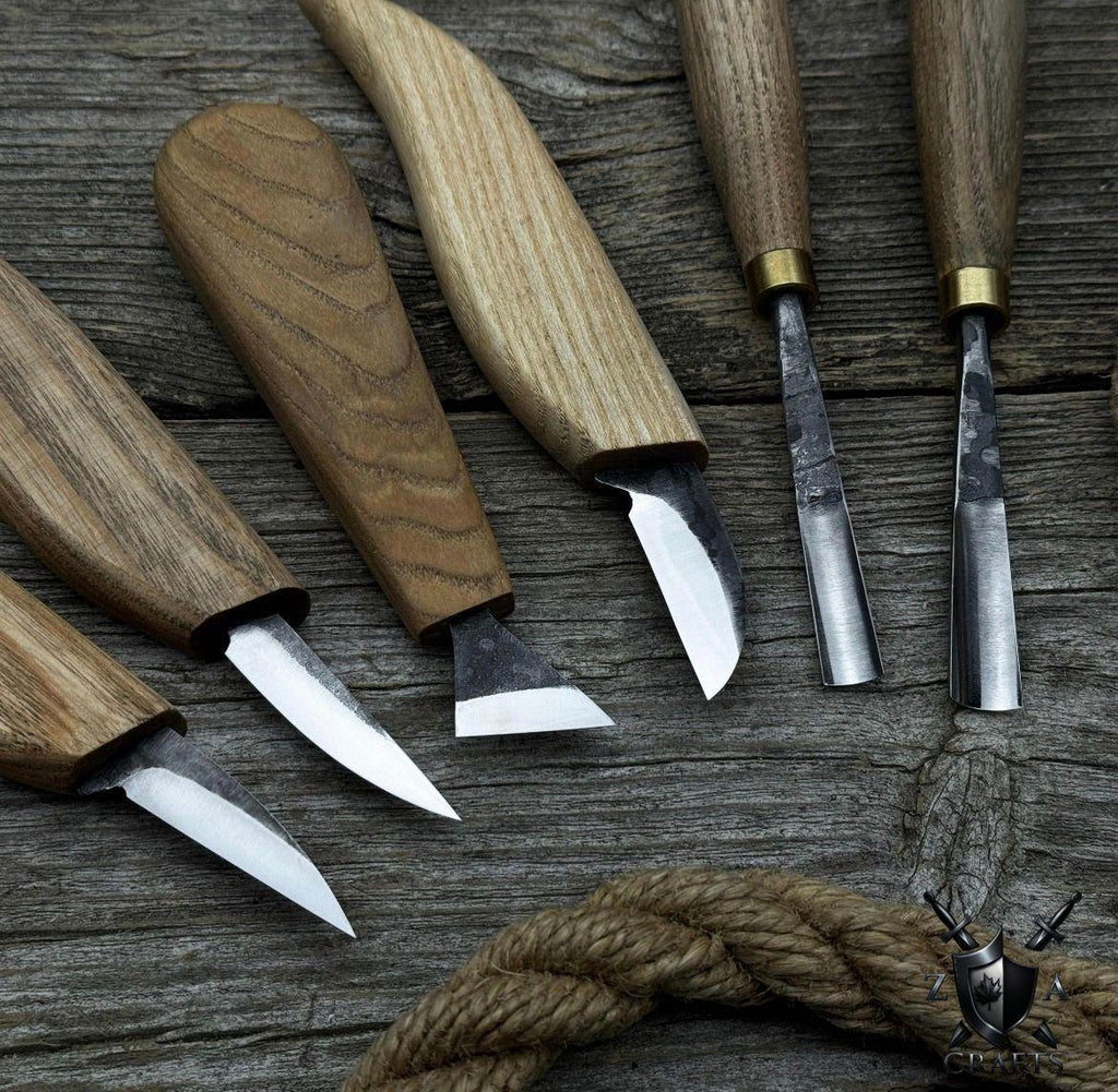 Wood Carving Tool Set: D2 Steel Blades, Ash Handles, Leather Roll
