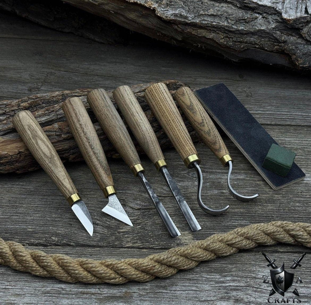 Wood Carving Tool Set: D2 Steel Blades, Ash Handles, Leather Roll