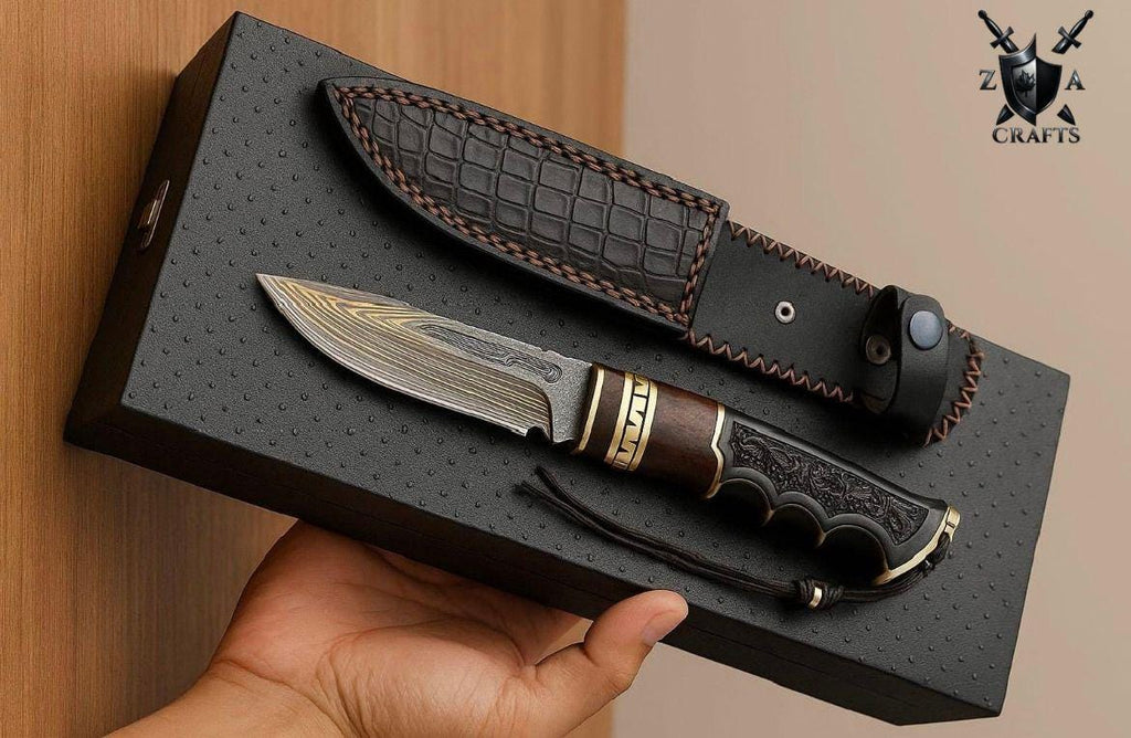 Damascus Steel Hunting Knife: Custom Engraved Handle & Leather Sheath