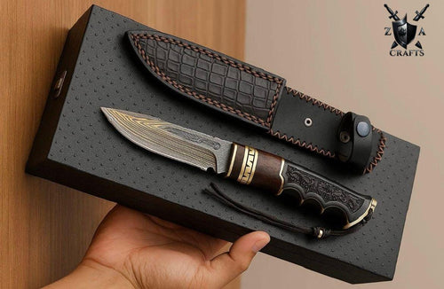 Damascus Steel Hunting Knife: Custom Engraved Handle & Leather Sheath