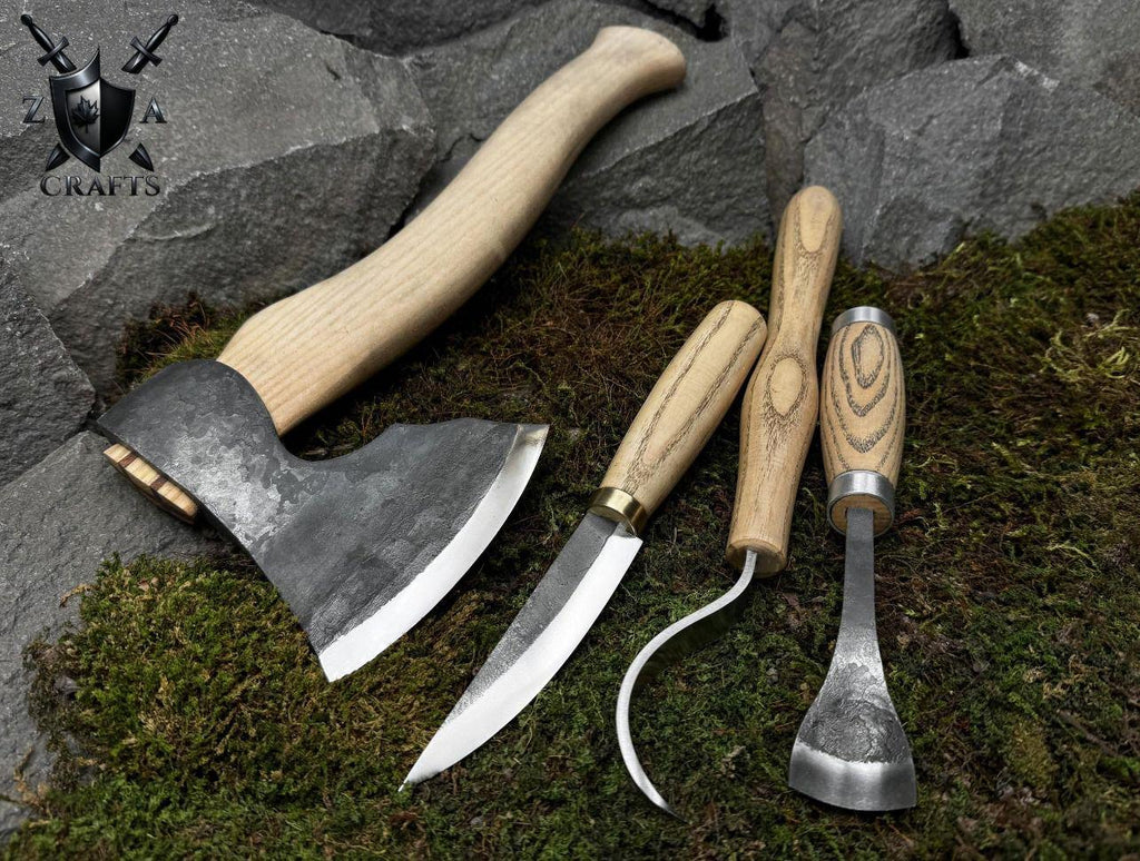 Hand-Forged Spoon Carving Tool Set: Carbon Steel Axe, Gouge, Sloyd & Hook Knife