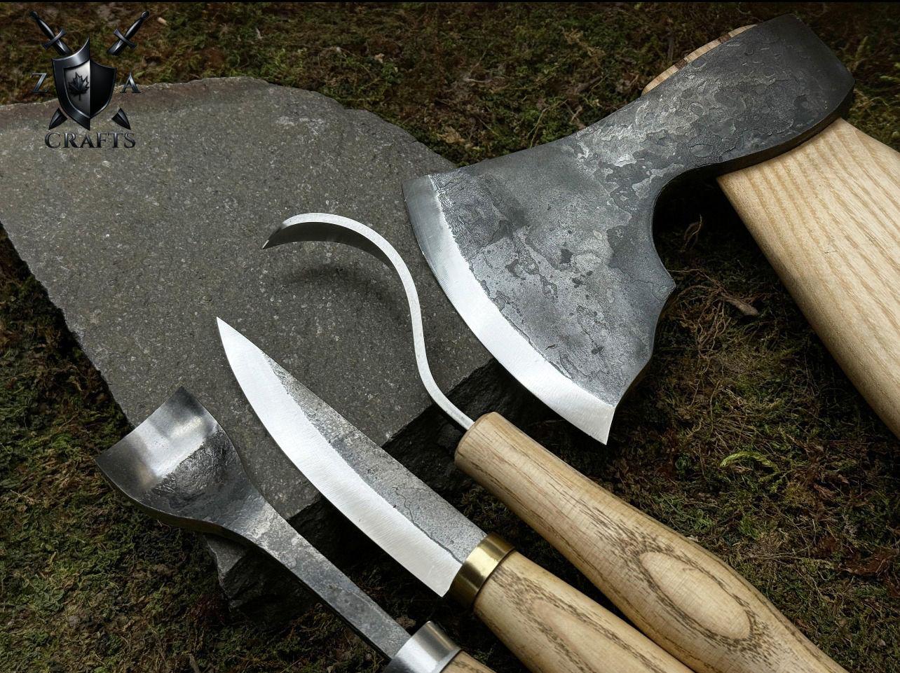 Hand-Forged Spoon Carving Tool Set: Carbon Steel Axe, Gouge, Sloyd & Hook Knife