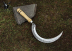 Hand-Forged Carbon Steel Garden Sickle with Leather Sheath: Rustic Trimming Tool
