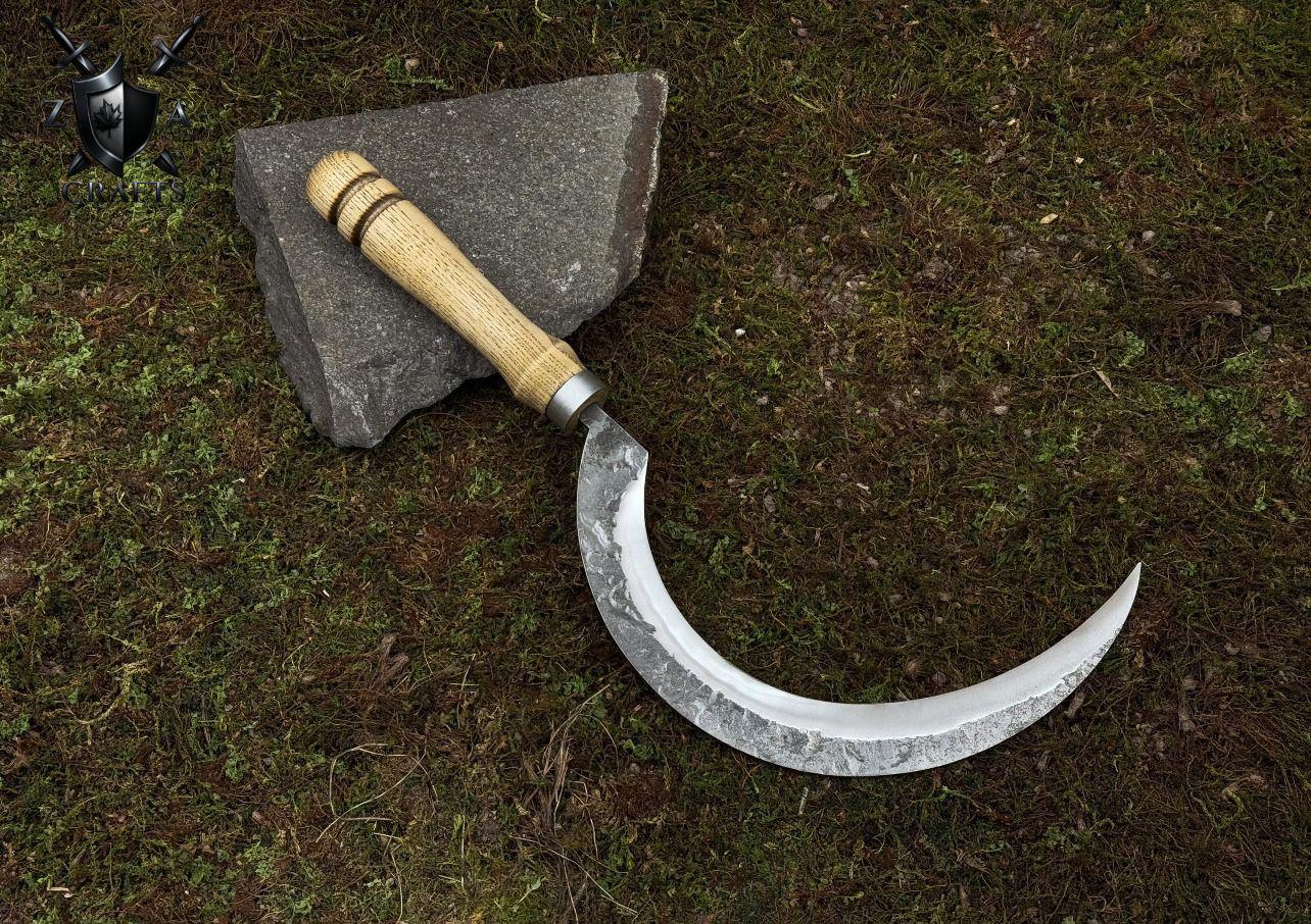 Hand-Forged Carbon Steel Garden Sickle with Leather Sheath: Rustic Trimming Tool